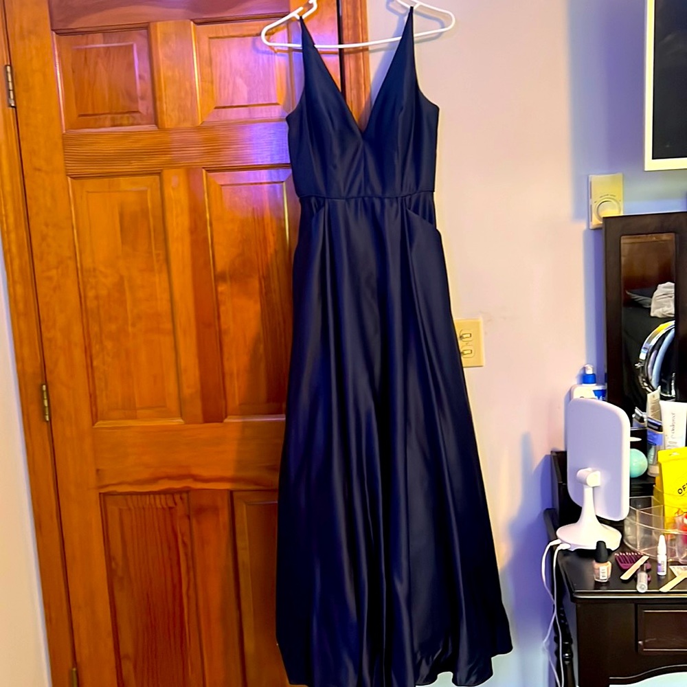 Full length navy blue prom dress with pockets